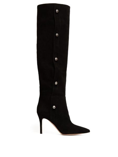 

flock black leather long boots stiletto heeled knee-high boots rivet embellish women's high pointy toe high heels botas 40