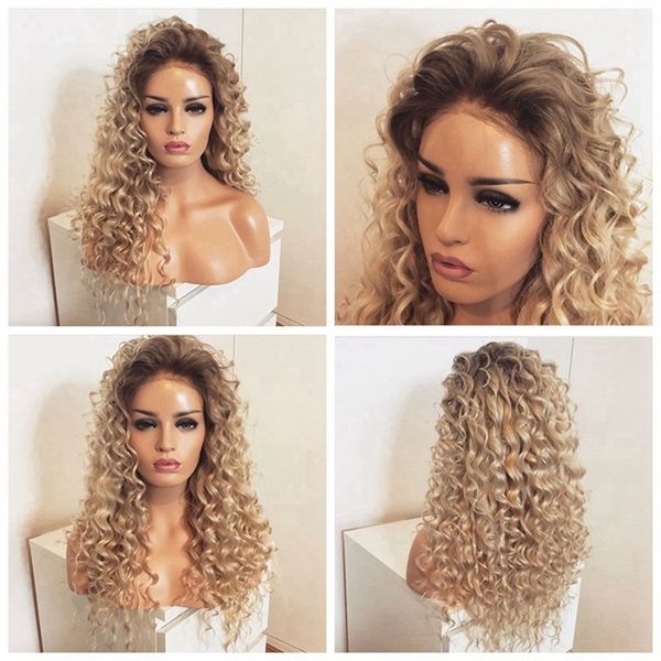 

Long brown roots Blonde Kinky Curly full Lace Front Wig Baby hair 180 Density Heat ResistantOmbre Synthetic Wigs For Women, Ombre color like picture show