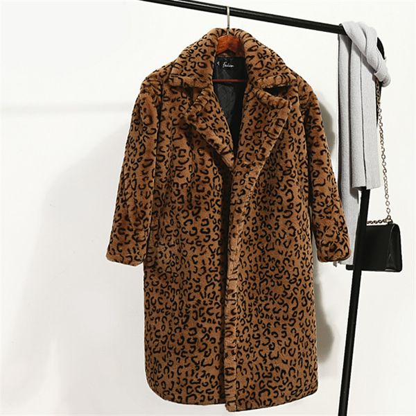 

leopard fur coat women autumn winter thick warm fake plush jacket plus size vintage female loose teddy long faux fur coat, Black