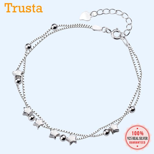 

trusta 100% 925 solid real sterling silver fashion double layer star beads bracelet 17cm for women girl silver jewelry ds1211, Golden;silver