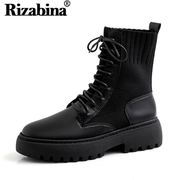 

rizabina ankle boots women real leather patchwork knitting shoes women winter lace up casual thick bottom boots size 34-39, Black
