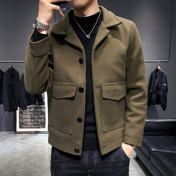 

men's wool & blends brand autumn and winter men coats korean casual woolen coat jackets windbreaker short slim overcoat big pocket clot, Black