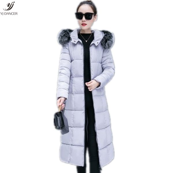 

2018 fashion winter new long warm cotton temperament female slim large size hooded fur collar knee winter coat h076, Black