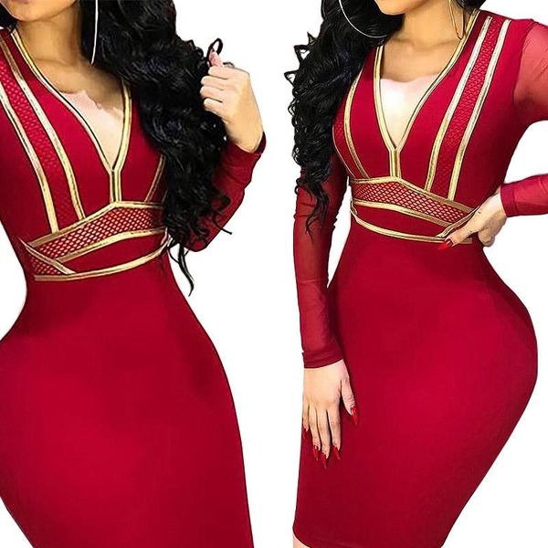 

mesh panelled women dresses metal strips club slim solid color long sleeved dark v neck bodycon dresses fashion womens party dresses, White;black