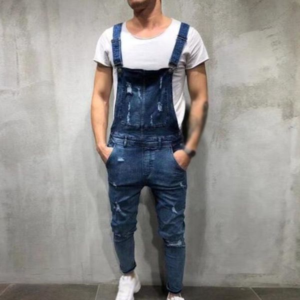 

deep blue men overalls jeans bib plus size pocket ripped casual fashion straps demin men jeans