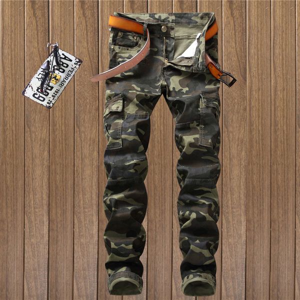 

new mens camouflage green big pockets long jeans stretch summer nostalgia fake zipper spliced denim jeans fashion trousers pants, Blue