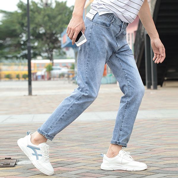 

mens designersummer fashion brand casual small feet nine-point thin jeans pants, Blue