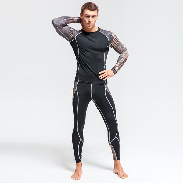 

man running set compression tights shirt t shirt sport men sportsuits thermo underwear gym fitness traning rash guard, Black;blue