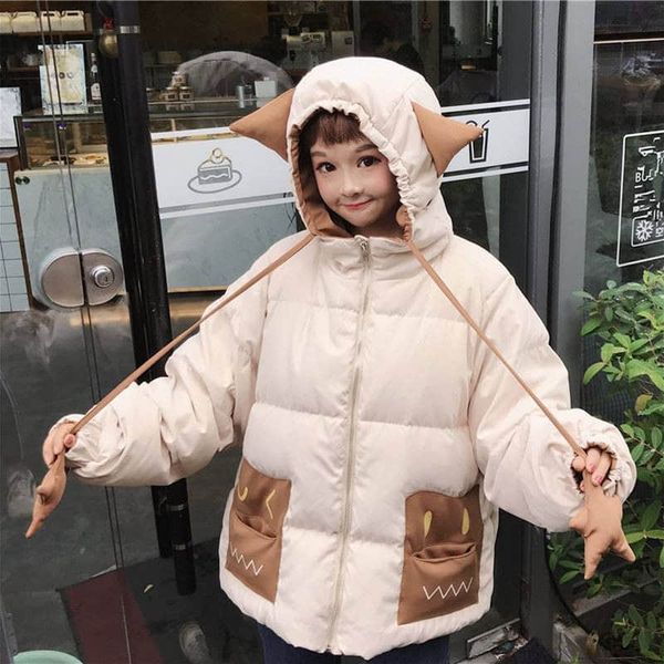 

nicemix young girl cute cat ear hooded coats short size cotton zipper autumn winter warm coat outerwear overcoat ing, Black