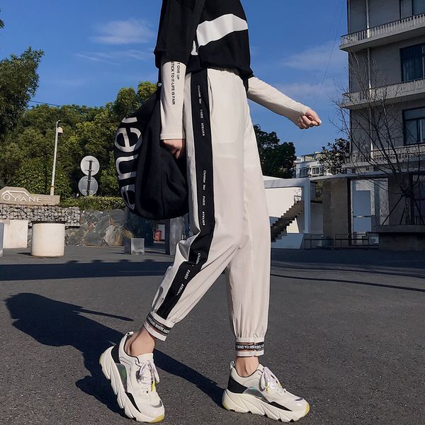 

casual athletic pants women's 2019 autumn new style korean-style women's dress trousers black pants beam leg loose-fit slimming, Black;white