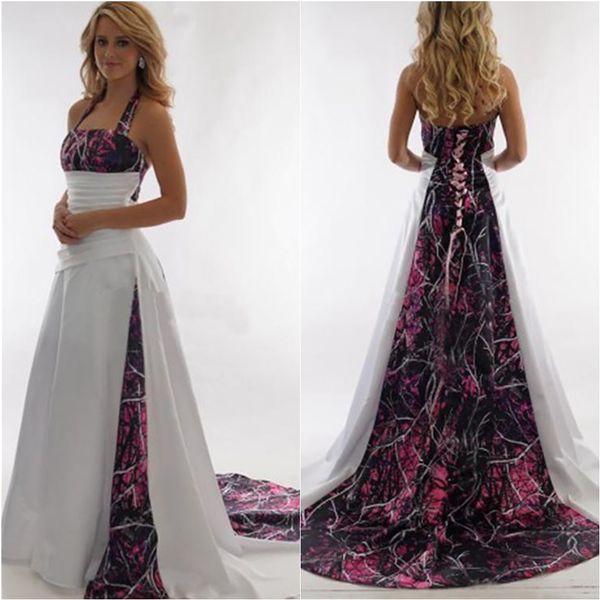 

halter camo a-line muddy girl wedding dresses camouflage custom plus size bridal wed gowns real tree countryside lace up back robe de soire, White