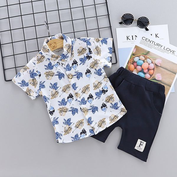 

summer kids clothes baby boys clothes short sleeve floral print blouse shirts+shorts children casual sets, White