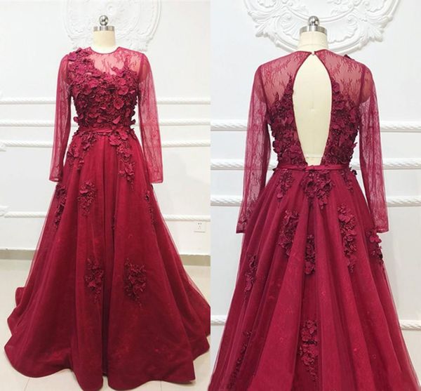 

setwell jewel a-line evening dress back long sleeves pleated lace appliqued beaded floor length prom party gown, Black;red