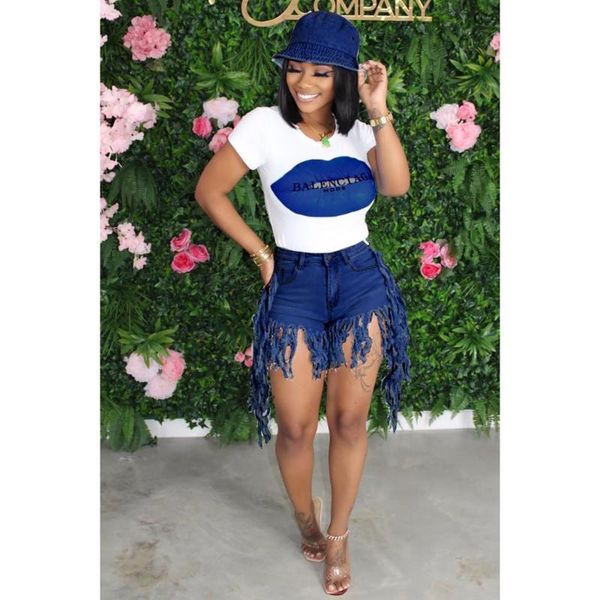 

felyn 2020 novelty chic design jeans ripped tassel summer denim shorts, Blue