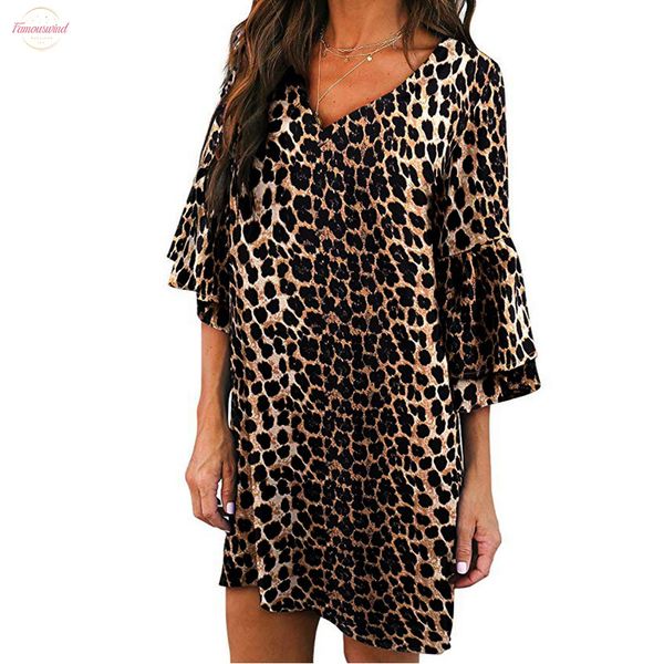

fashion summer casual dress women plus size half flare sleeve leopard printed casual party beach dress robe femme y3, Black;gray