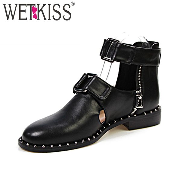 

wetkiss new low heels summer ladies boot rivet metal decoration zipper buckle round toe footwear fashion handmade shoes women mx190801, Black