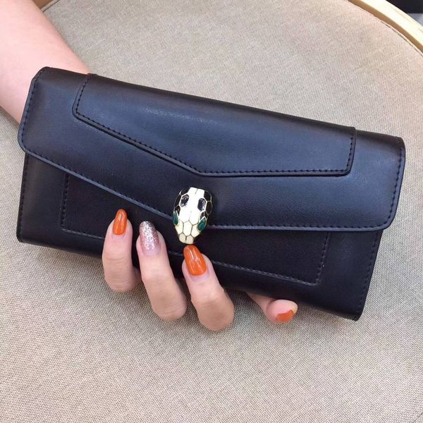 

2019 korean fashion new ladys wallet with large capacity zipper and double fold snake head long true leather hand with change wallet, Black;red