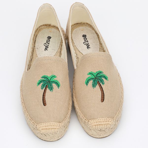 

dzym spring autumn coconut tree design flats canvas espadrilles embroidery loafers women's fishermen shoes sewing zapatos, Black