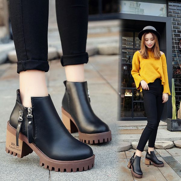 

women's ankle boots winter korean version of the new thick with short boots british wind wild students non-slip, Black
