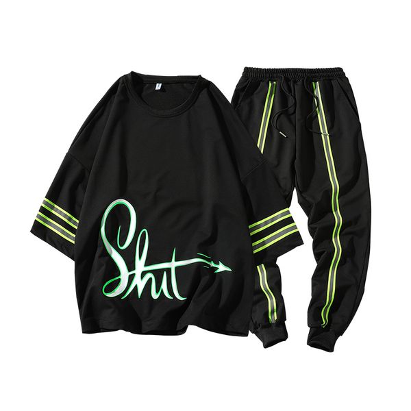 

men's summer shorts sleeves suit fashion brand men's sports short sleeve teenager reflective casual half sleeve two-piece suit, Gray