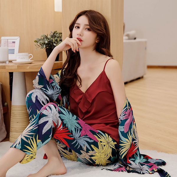 

new autumn women satin silk pajamas sets with pants flower print pyjama female spaghetti strap pijama 3 pieces home service, Black;red
