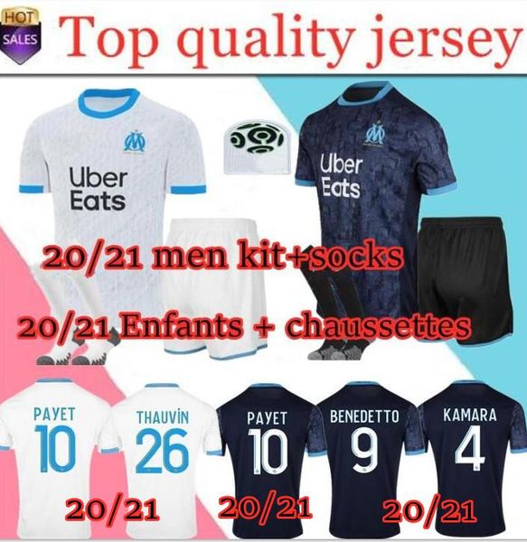 

man kids kit 20 21 olympique om marseille soccer jerseys 2020 marseille maillot de foot thauvin camisetas payet benedetto football shirt, Black