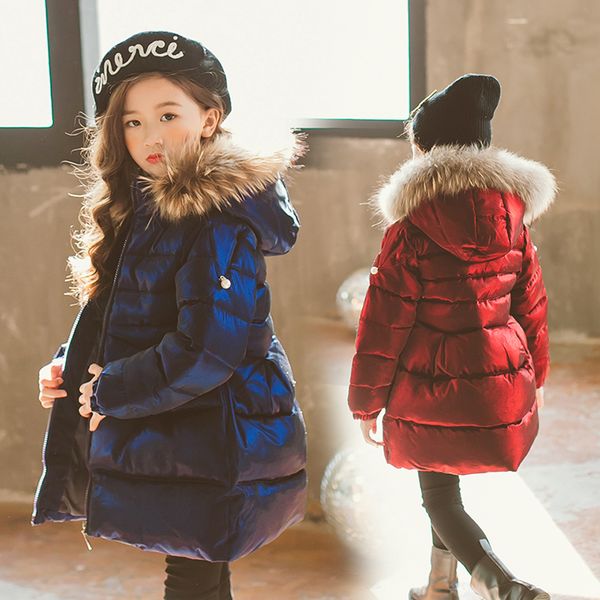 

2018 new fashion children winter jacket girl winter coat kids warm thick fur collar hooded long down coats 4-12 years, Blue;gray