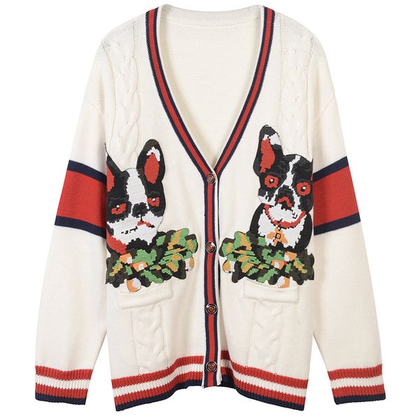 

2018 spring women sweaer cardigan long sleeve v neck animal print wool blend prom sweater luxury sweater cardigan yl, White;black