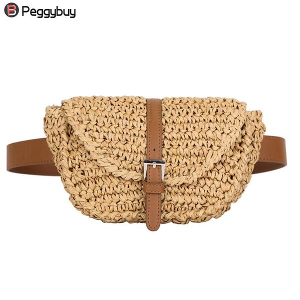 

women semicircle straw bags fanny bag girls female vintage casual solid color summer beach chest bag lady waist pack handbag