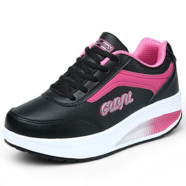 

spring new fashion sports women's casual shoes breathable mesh mesh shoes wedge with thick sole rocking shoes, Black