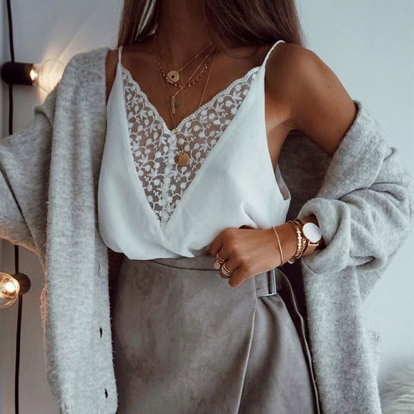 

women summer lace patchwork v-neck camis halter shirt blouse, White