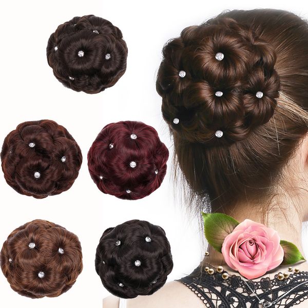 

women wigs ring curly bride chignon hair clip makeup diamond elastic bun flowers chignon hairpiece extensions hair accessories, Brown