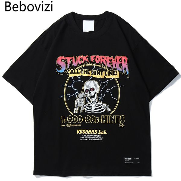 

bebovizi 2020 streetwear skull print t shirt hip hop men tshirt oversized short sleeve tees male harajuku t-shirt, White;black