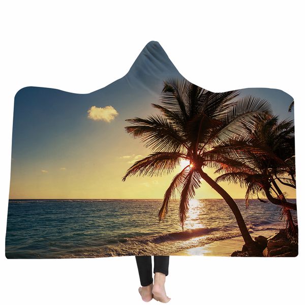 

whq modern sea view printed hooded blanket winter warm throw soft coral fleece fabric wearable blanket joyous cobija cobertor