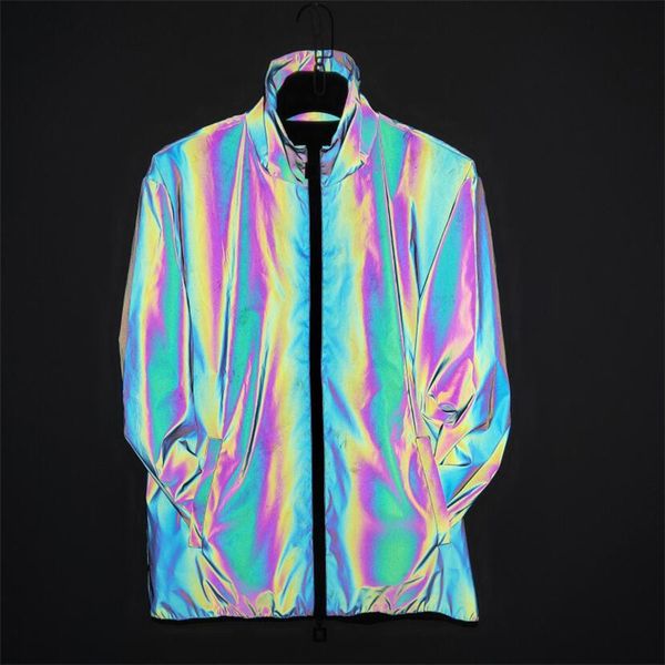 

reflective turn down collar jacket women holographic colorful zipper oversize coat 2020 spring outdoor sportswear new jacket, Black;brown
