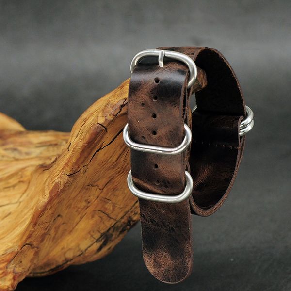 

leather nato strap zulu strap vintage cow leather watch band silver five rings buckle for watch accessories 20mm 22mm 24mm, Black;brown