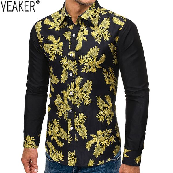 

2019 new men's printed patchwork shirts male long sleeve floral print shirt slim fit casual party shirts s-2xl, White;black