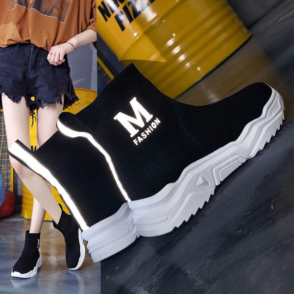 

ladies casual sports shoes woven breathable lazy non-slip socks shoes fashion black wild luminous thick bottom