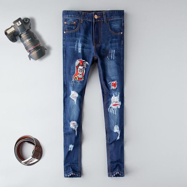

2019 european style mens ripped black zipper hole patchwork long jeans trendy distressed denim men slim fit jeans trousers pants, Blue