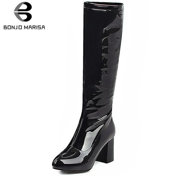 

bonjomarisa new plus size 34-48 fashion patent pu mid-calf boots women 2019 zip up fur boots high heels shoes woman, Black