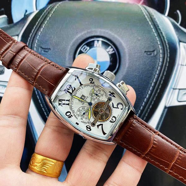 

повседневный спорт fm luxury big dail часы механические автоматические часы кожаный ремешок с водонепроницаемым мужские наручные часы для сш, Slivery;brown