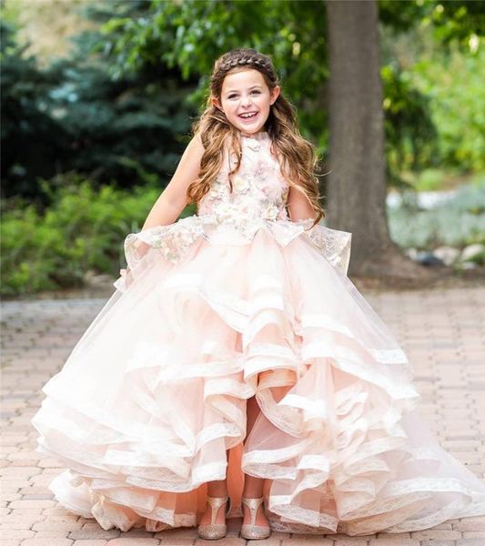 

pink puffy tulle flower girl dresses hand made flowers hi-lo little girl dresses pageant kids birthday gowns, Red;yellow