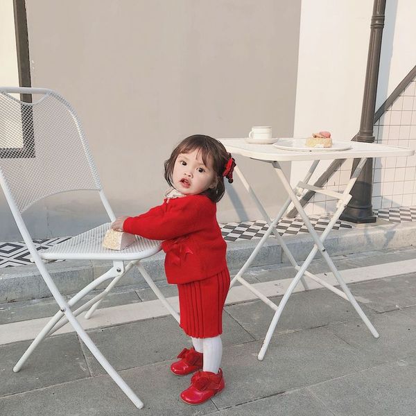 

2019winter spanish children knitted cotton quality jacket+skirt 2pcs toddler sweet sweater kids sweaters christmas baby clothes, Blue