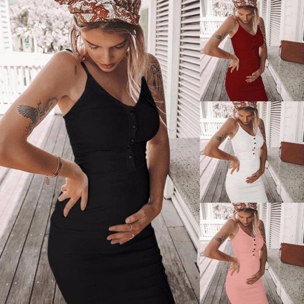 

bunvel casual maternity dresses summer sleeveless button solid color dress bodycon pregnant women sundresses vestidos, White