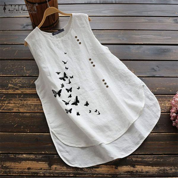 

summer women tanks sleeveless blouse zanzea 2020 vintage printed casual shirts vests plus size tunic cotton linen blusas, White