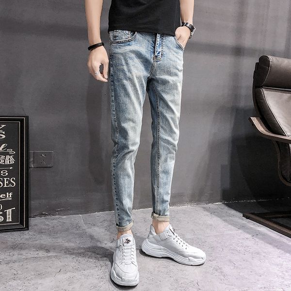 

quality vintage blue mens jeans casual stretch slim fit hip hop men's jeans trousers all match streetwear denim pants men 34-28