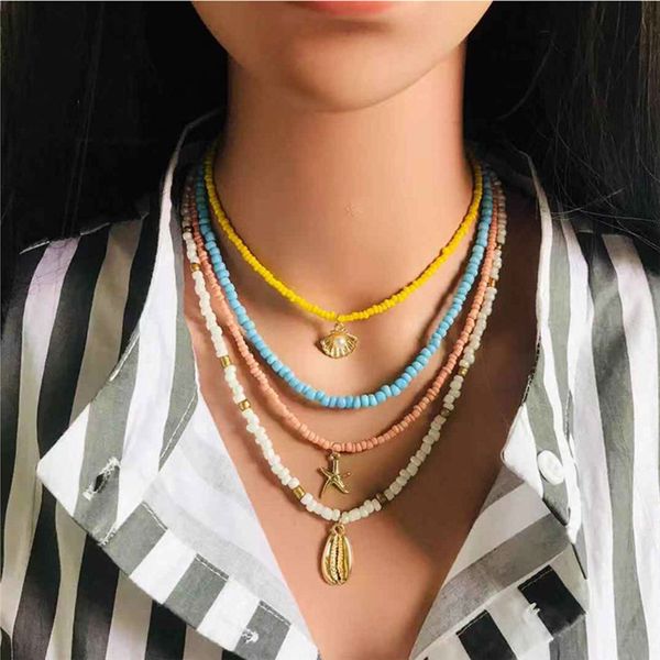 

charm colorful multi layer necklace shell scallop pendant bead necklace for women statement exquisite jewelry gift, Silver