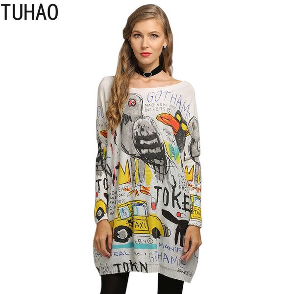 

large size woman's sweaters tuhao fall cartoon print knitted pullovers long sleeve loose casual woman t6304, White;black