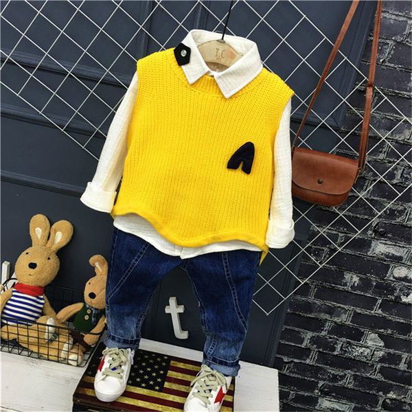 

3pcs wlg kids clothing set boys spring outfits baby yellow black knitted vest white shirt and jean set children clothes 2-7t t200413