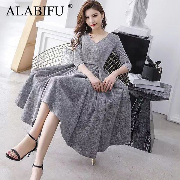 

alabifu autumn winter dress women 2019 casual plus size ball gown dress female vintage v neck long party dress vestidos, Black;pink
